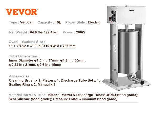VEVOR electric sausage stuffer, 15l, stainless steel, 260w, vertical type with accessories.