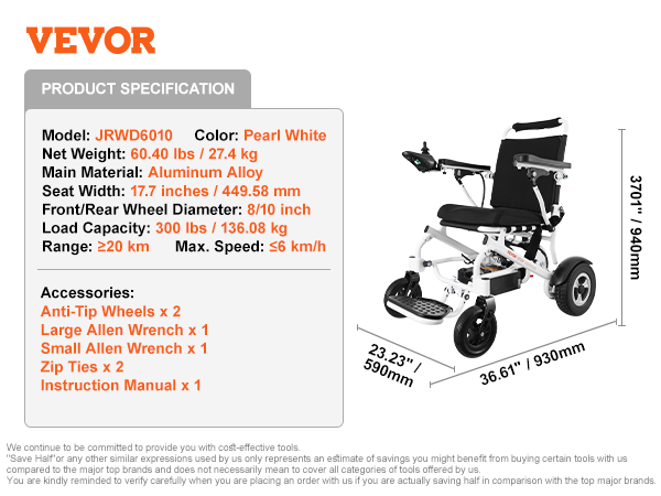 VEVOR electric wheelchair jrwd6010 in pearl white with aluminum alloy frame, accessories listed.