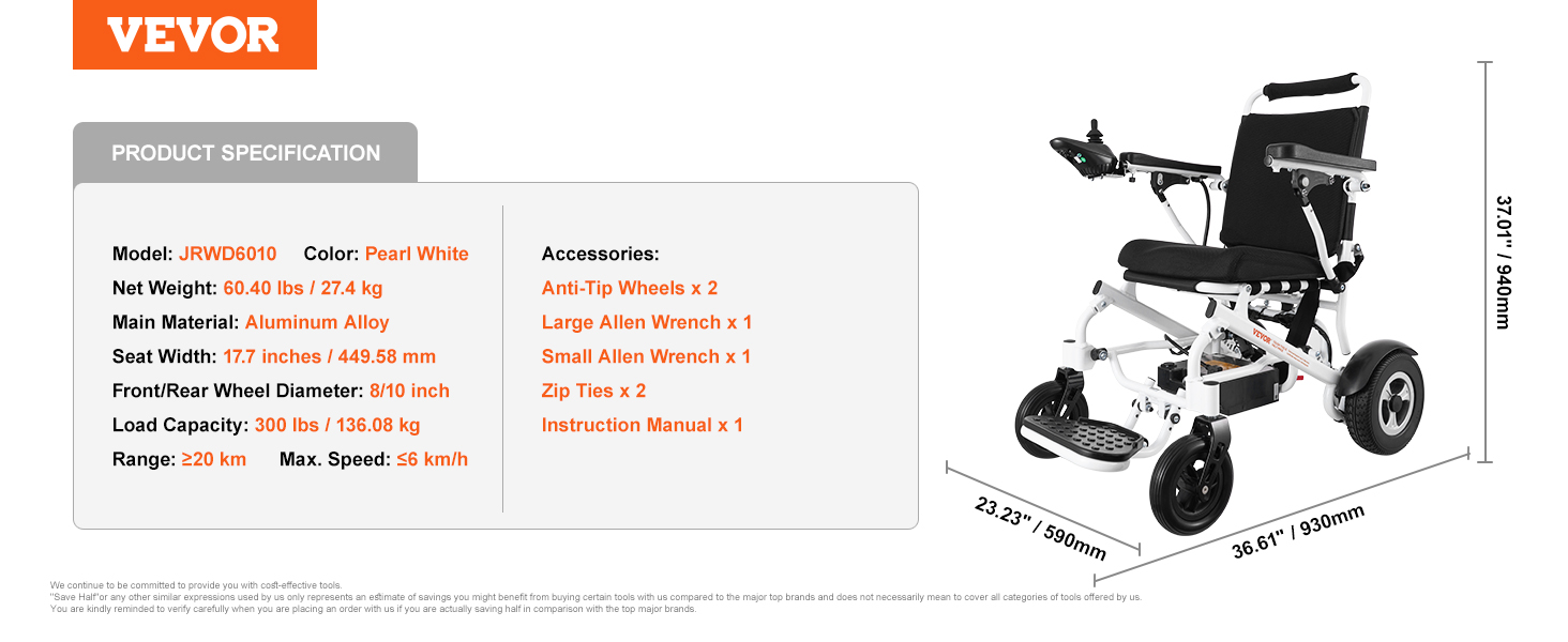 VEVOR electric wheelchair jrwd6010 in pearl white with aluminum alloy frame, accessories listed.
