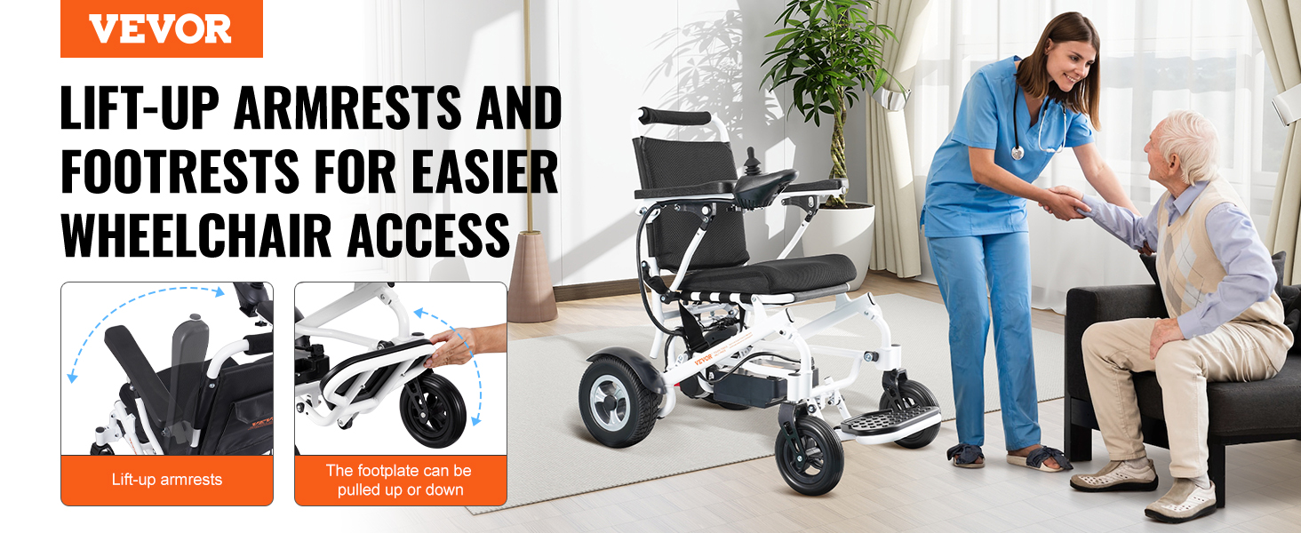 VEVOR electric wheelchair with lift-up armrests and footrests for easier access in a home setting.