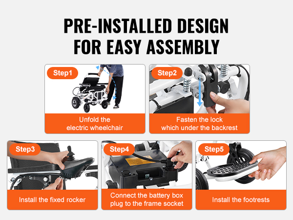 steps to assemble the VEVOR electric wheelchair: unfold, fasten lock, install rocker, connect battery, install footrests.
