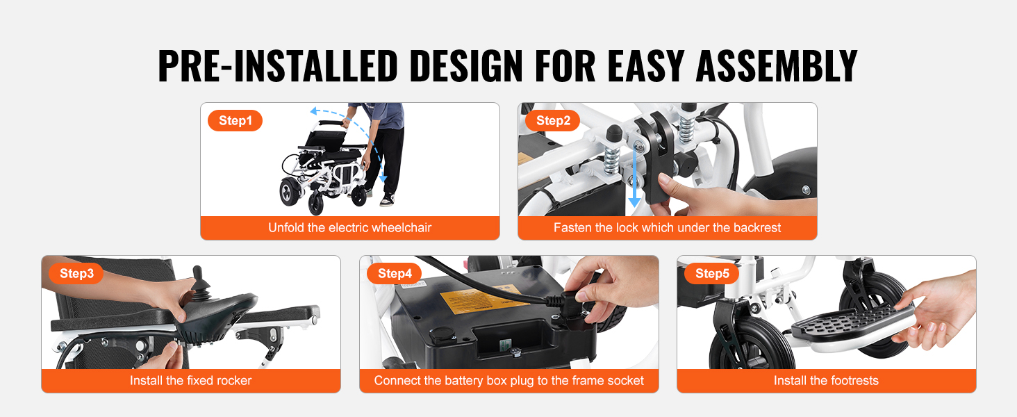 steps to assemble the VEVOR electric wheelchair: unfold, fasten lock, install rocker, connect battery, install footrests.
