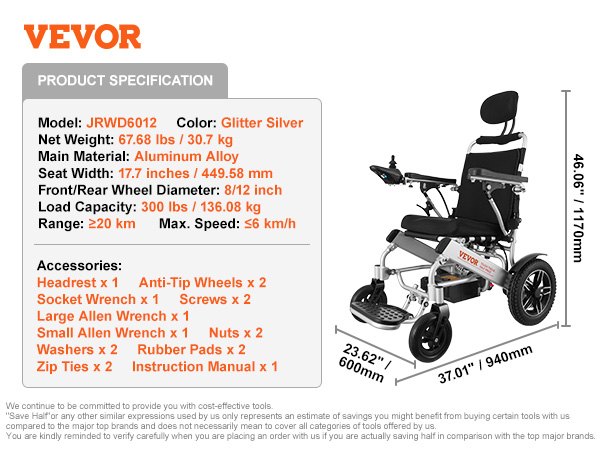 VEVOR electric wheelchair with aluminum alloy frame, glitter silver, 20 km range, and 300 lbs capacity.