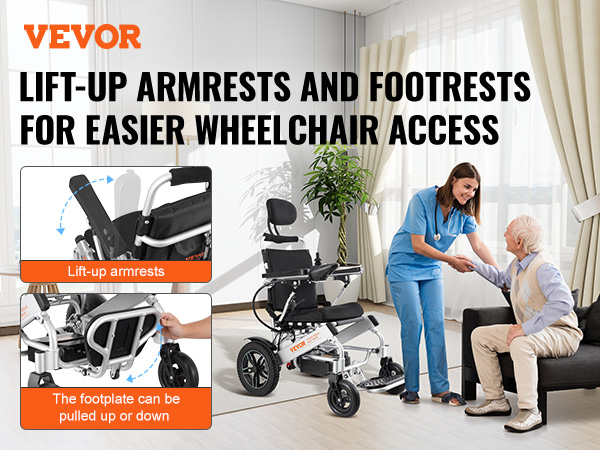 VEVOR electric wheelchair with lift-up armrests and footrests for easier access, aiding mobility and comfort.