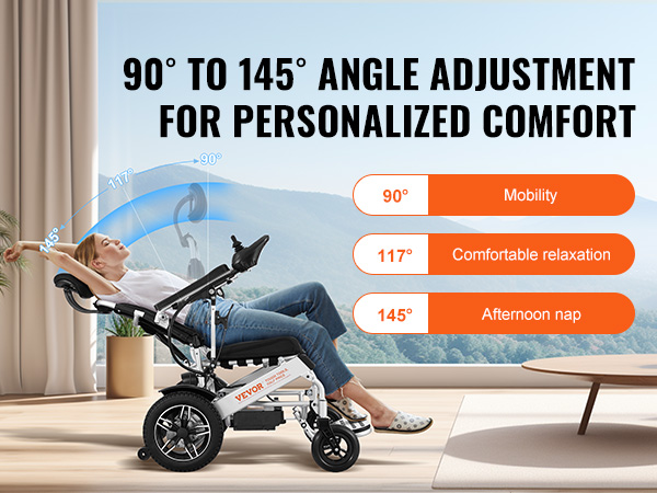VEVOR electric wheelchair offering 90° to 145° angle adjustment for personalized comfort indoors.