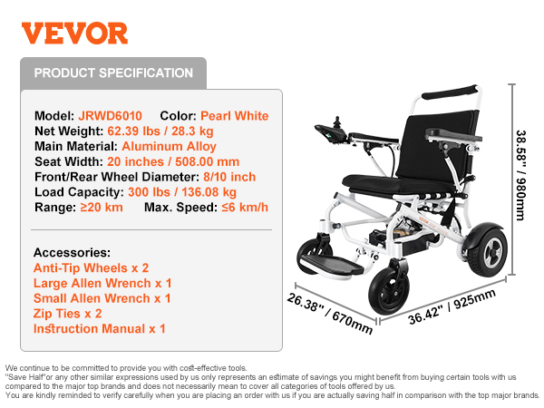VEVOR electric wheelchair specifications: aluminum alloy, 300 lbs capacity, 20 km range, pearl white color.
