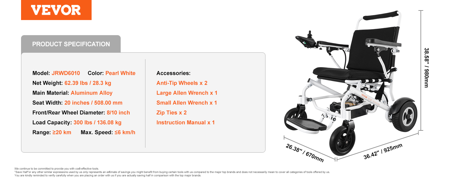 VEVOR electric wheelchair specifications: aluminum alloy, 300 lbs capacity, 20 km range, pearl white color.