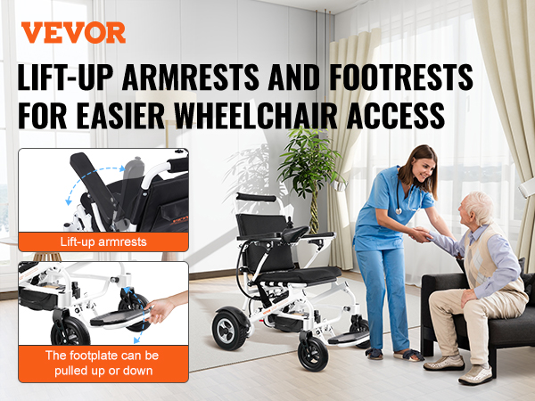 VEVOR electric wheelchair with lift-up armrests and footrests for improved accessibility.