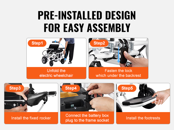 guide for assembling a VEVOR electric wheelchair: unfold, fasten lock, install rocker, connect battery, attach footrests.