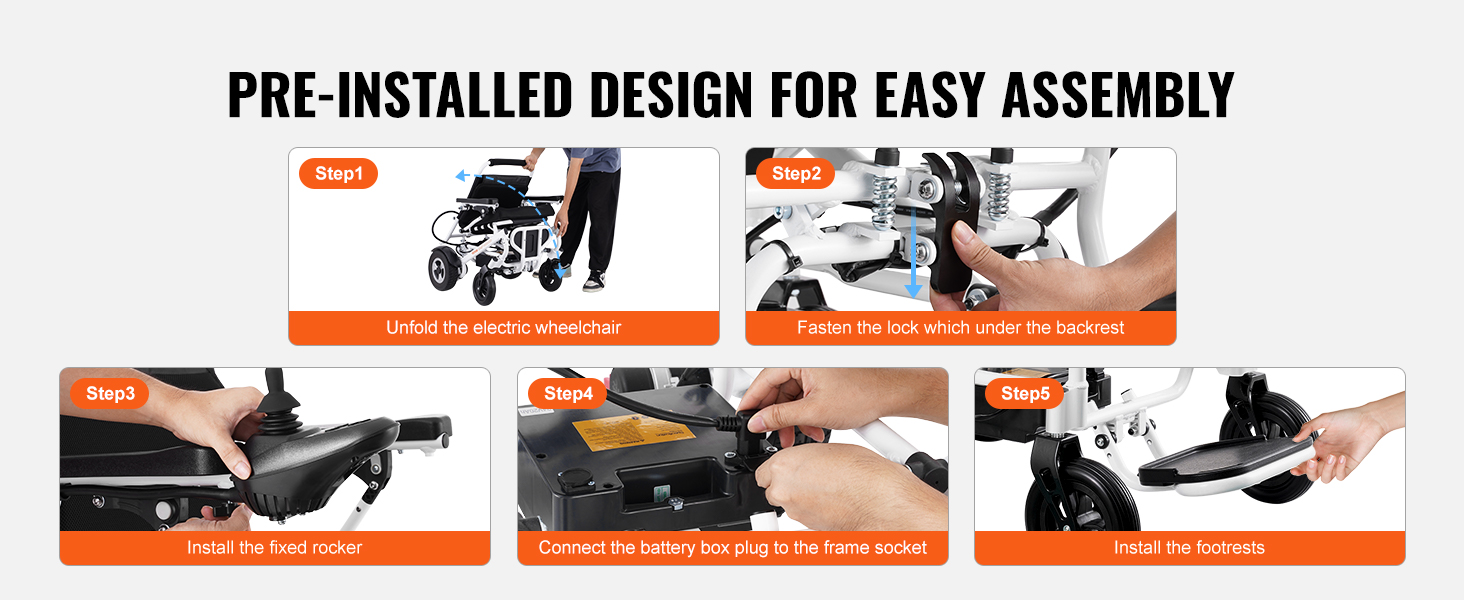 guide for assembling a VEVOR electric wheelchair: unfold, fasten lock, install rocker, connect battery, attach footrests.