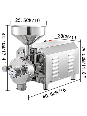 VEVOR grain grinder with stainless steel body and dimensions in centimeters.