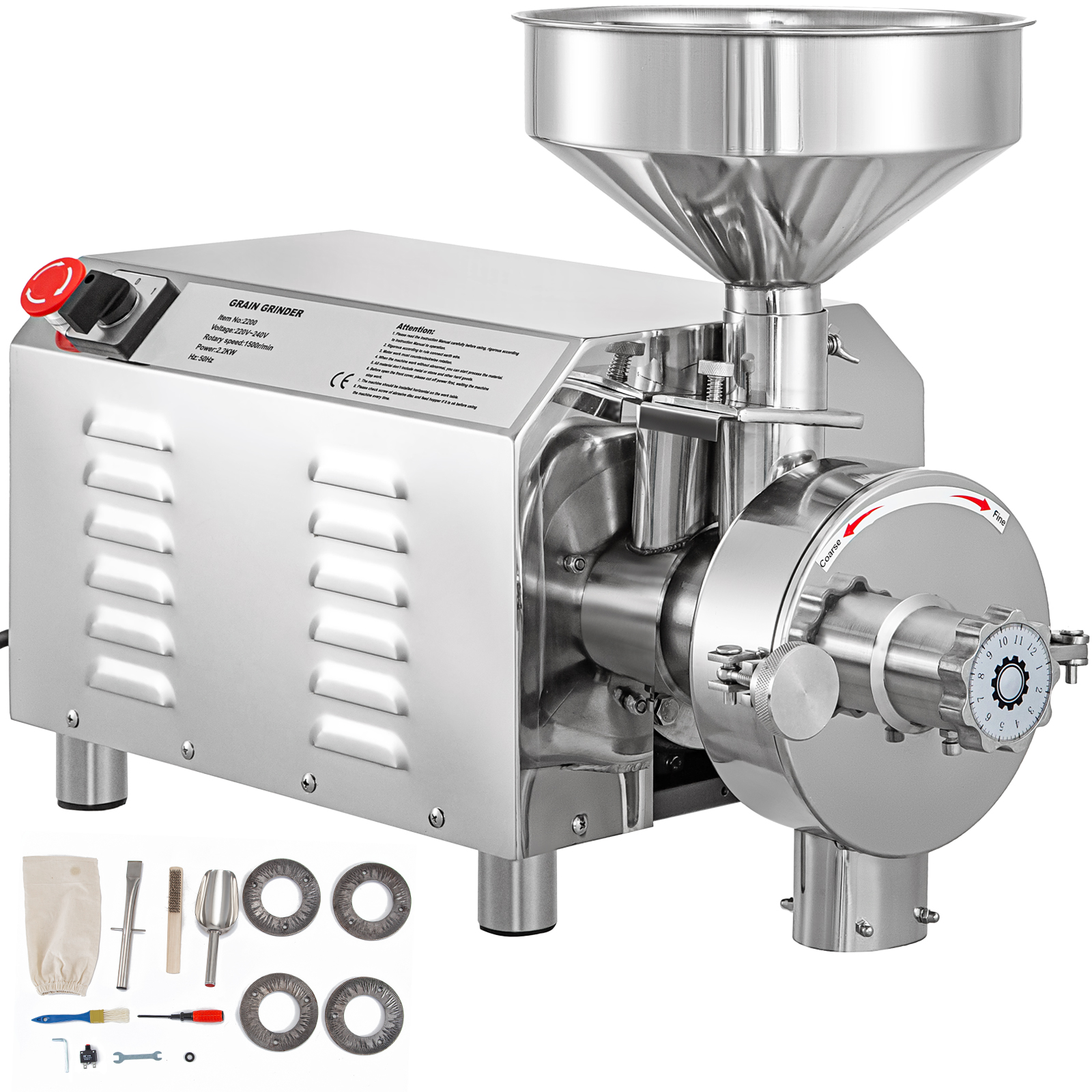 VEVOR grain grinder with stainless steel body and included accessory tools.