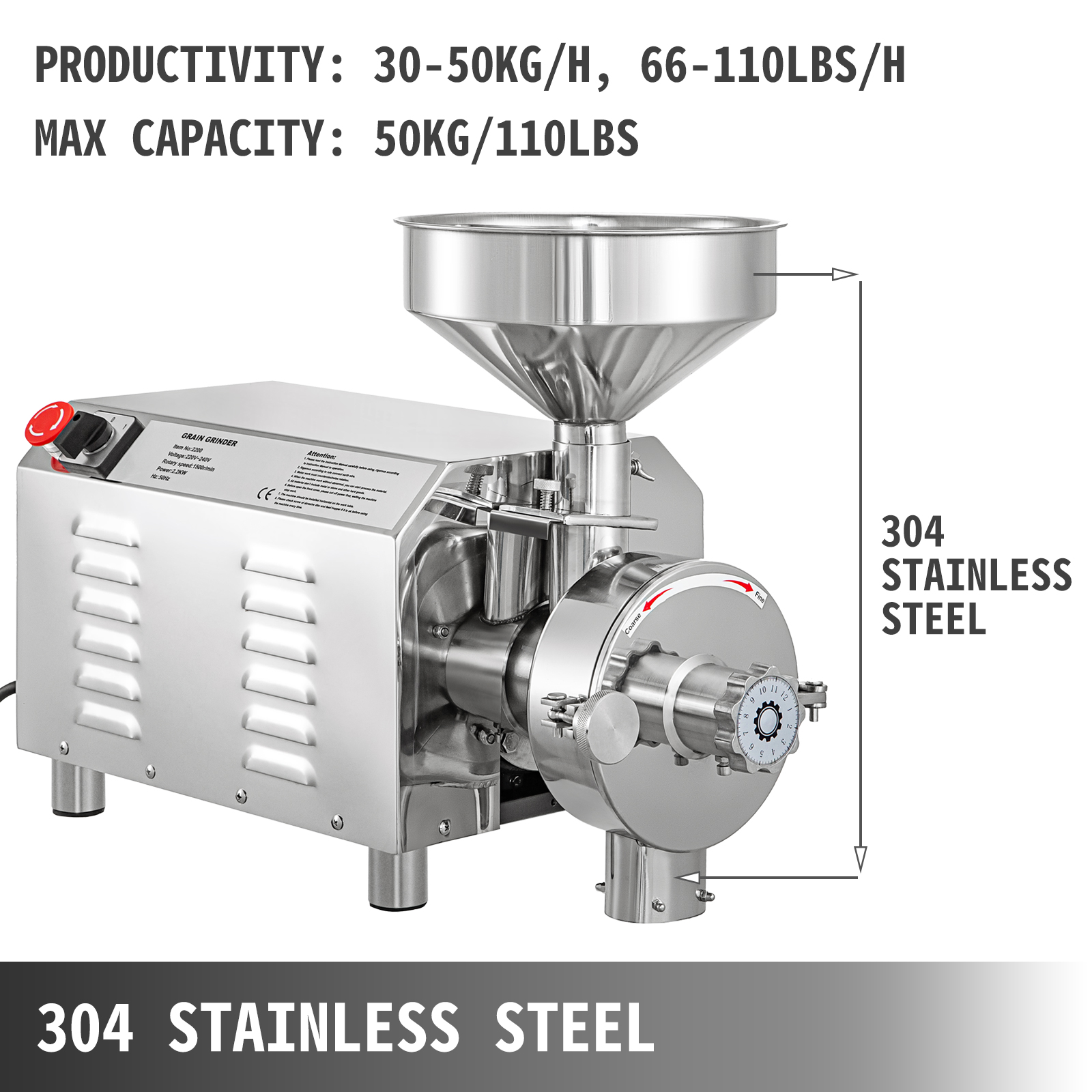 VEVOR grain grinder 304 stainless steel with 50kg capacity and 30-50kg/h productivity.