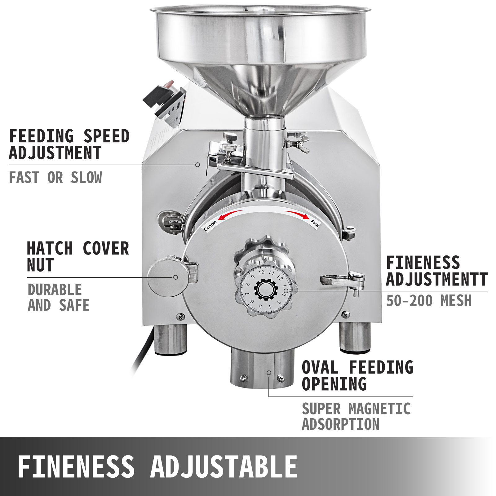 VEVOR grain grinder with adjustable fineness, feeding speed, and durable hatch cover.