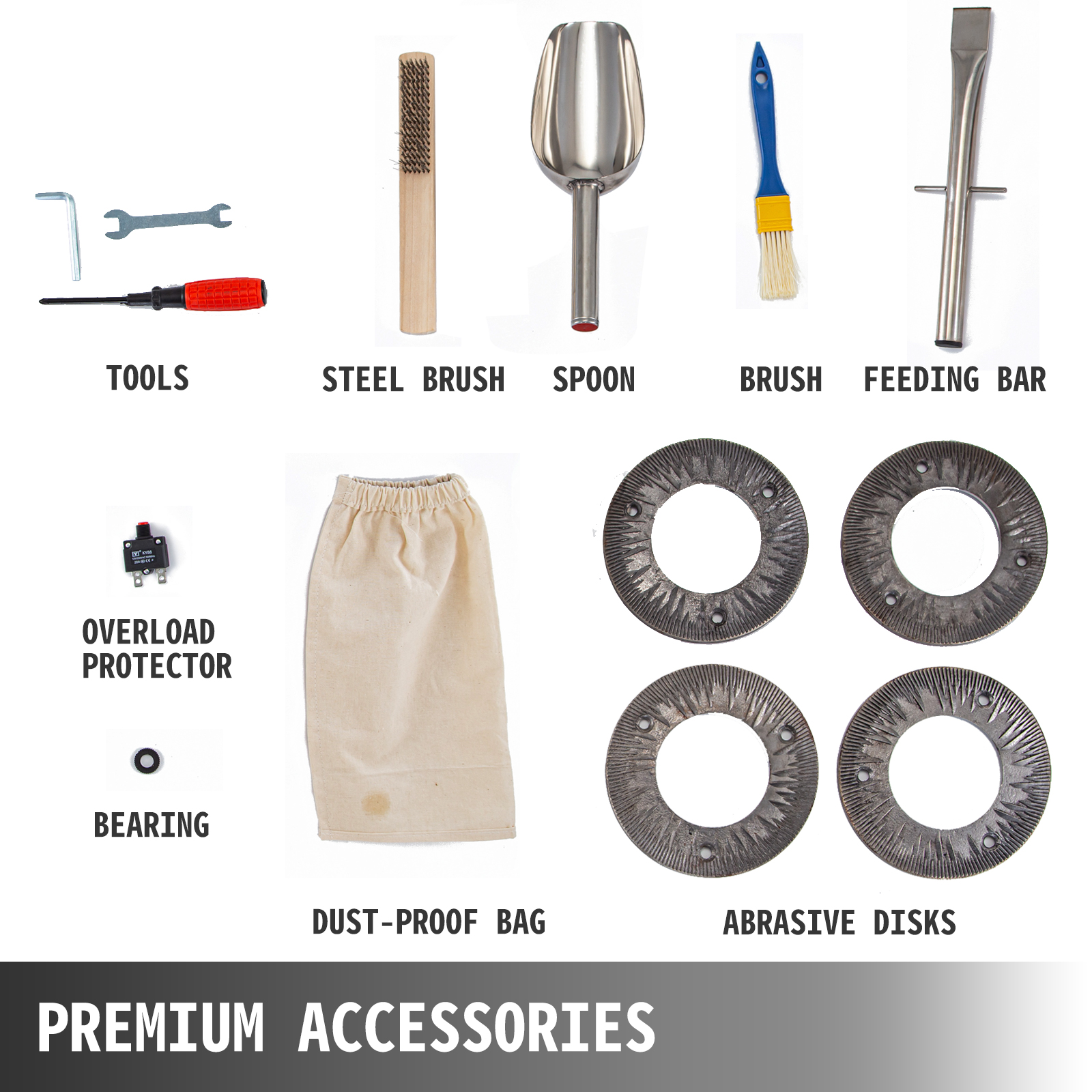 VEVOR grain grinder accessories include tools, steel brush, spoon, brush, feeding bar, disks.