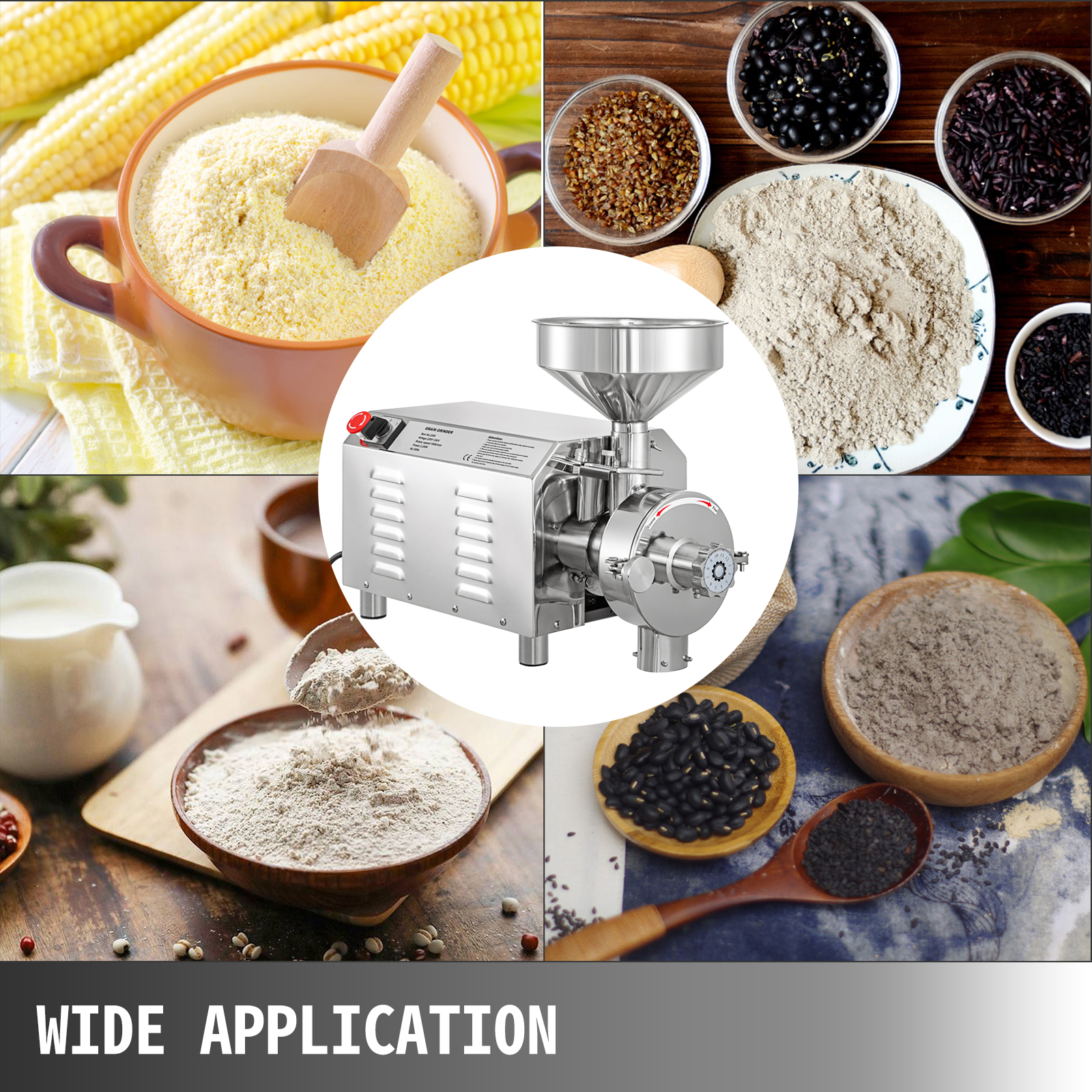VEVOR grain grinder with various ground grains and seeds for wide application.