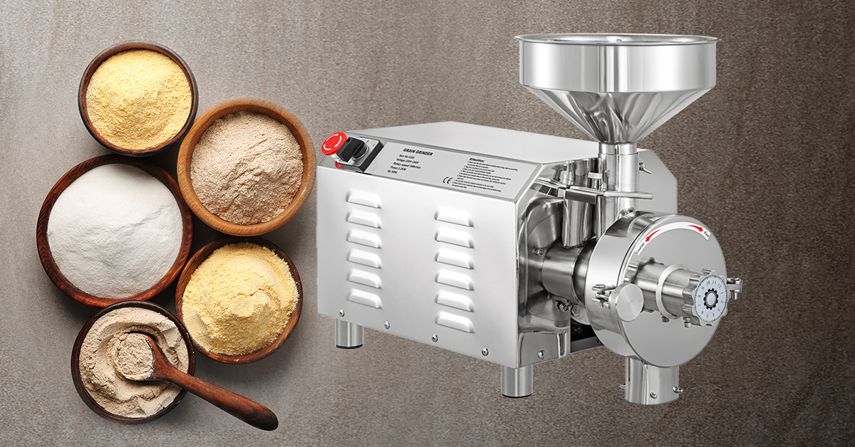 VEVOR grain grinder next to bowls of various ground flours.