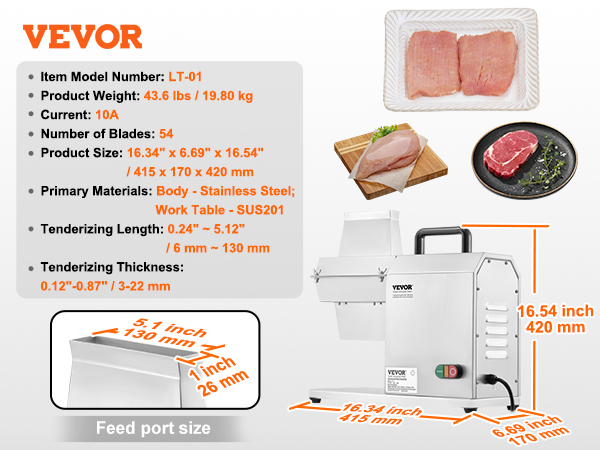 VEVOR commercial meat tenderizer, stainless steel, model lt-01, 54 blades, 16.54"x6.69"x16.54".