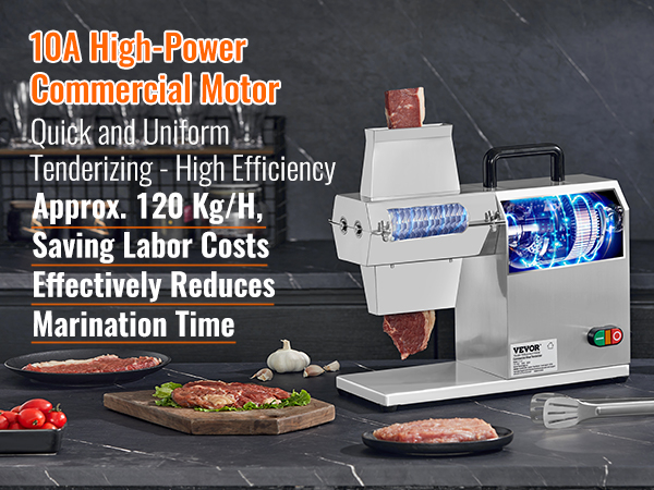 VEVOR commercial meat tenderizer with high-power motor on a kitchen counter beside fresh meat and vegetables.