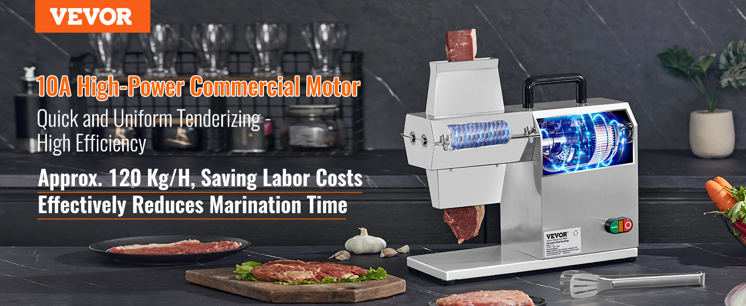 VEVOR commercial meat tenderizer with high-power motor on a kitchen counter beside fresh meat and vegetables.
