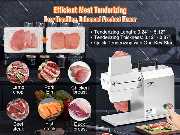 VEVOR commercial meat tenderizer for beef, pork, lamb, fish, chicken, and duck with easy one-key start.