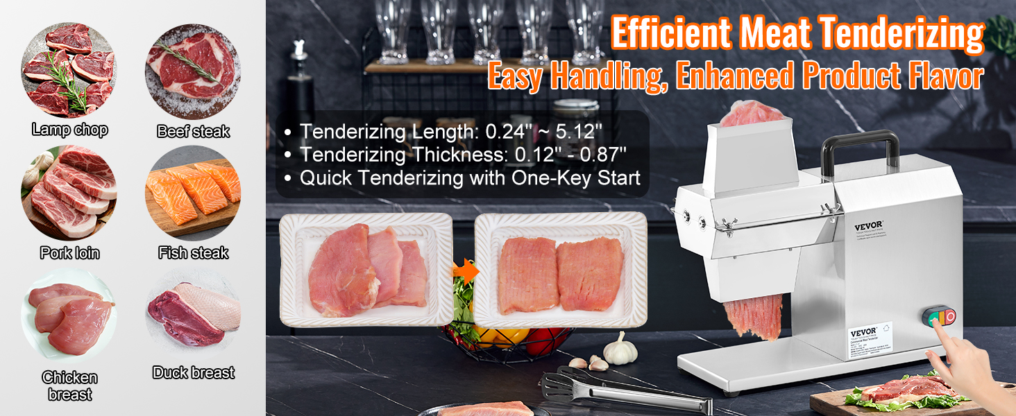 VEVOR commercial meat tenderizer for beef, pork, lamb, fish, chicken, and duck with easy one-key start.