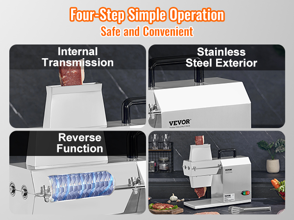 VEVOR commercial meat tenderizer with internal transmission, stainless steel exterior, and reverse function.