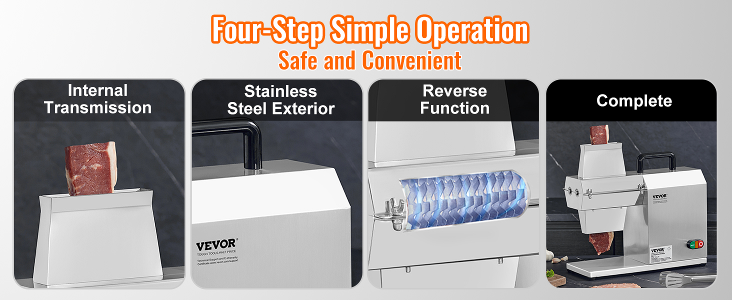 VEVOR commercial meat tenderizer with internal transmission, stainless steel exterior, and reverse function.