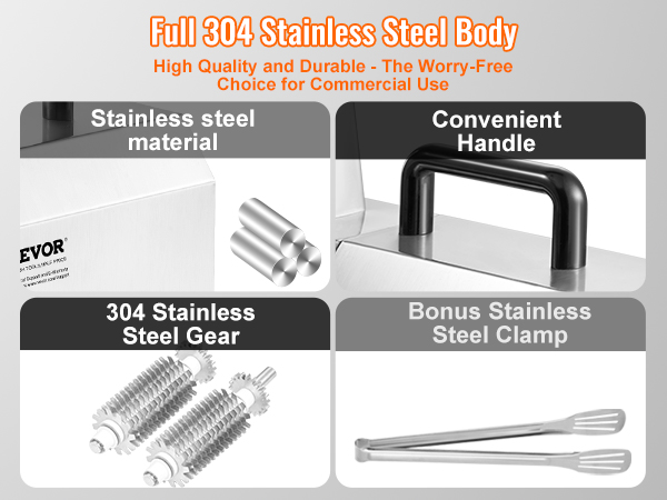 VEVOR commercial meat tenderizer with stainless steel body, convenient handle, steel gear, and clamp.