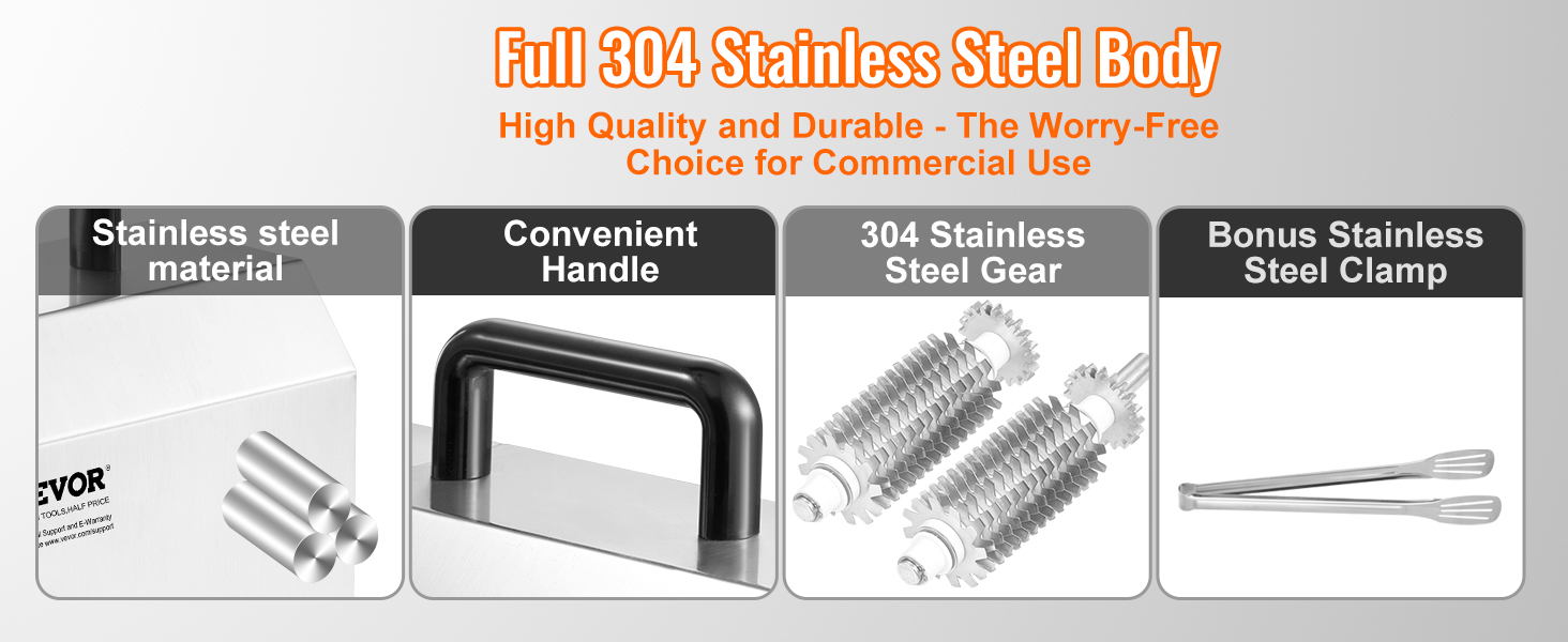 VEVOR commercial meat tenderizer with stainless steel body, convenient handle, steel gear, and clamp.