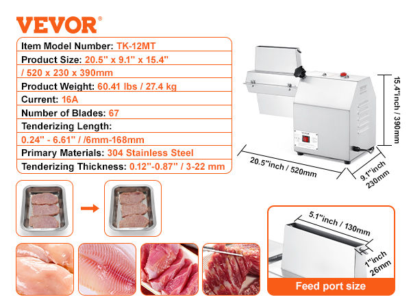 VEVOR meat tenderizer machine, 67 blades, 304 stainless steel, dimensions and specifications listed.