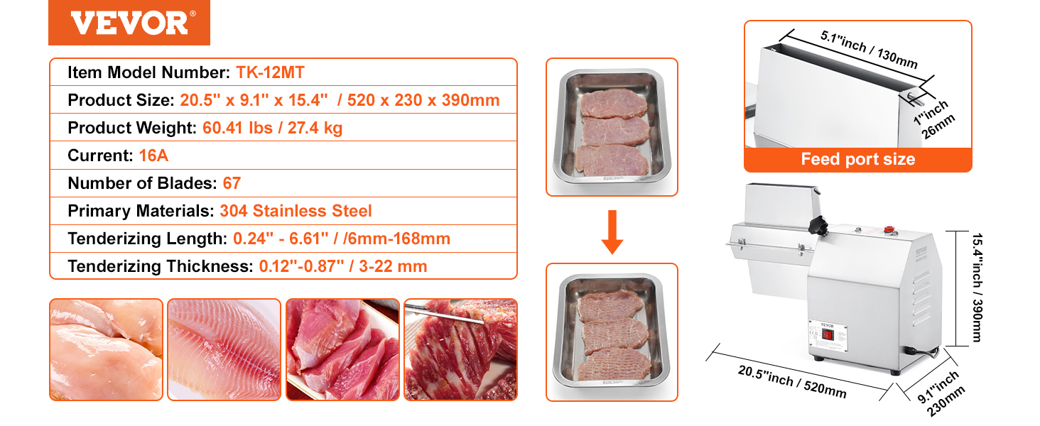VEVOR meat tenderizer machine, 67 blades, 304 stainless steel, dimensions and specifications listed.