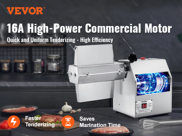 VEVOR meat tenderizer machine with 16a high-power motor on a kitchen counter with steaks and vegetables.