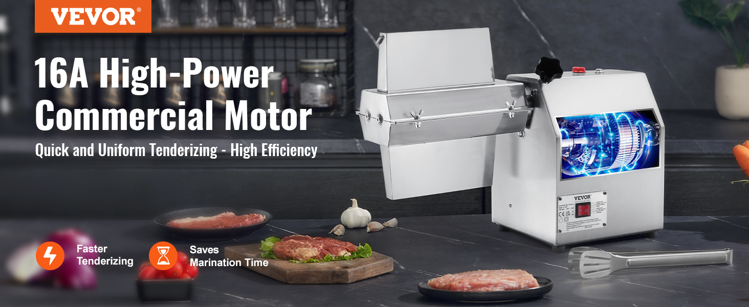 VEVOR meat tenderizer machine with 16a high-power motor on a kitchen counter with steaks and vegetables.