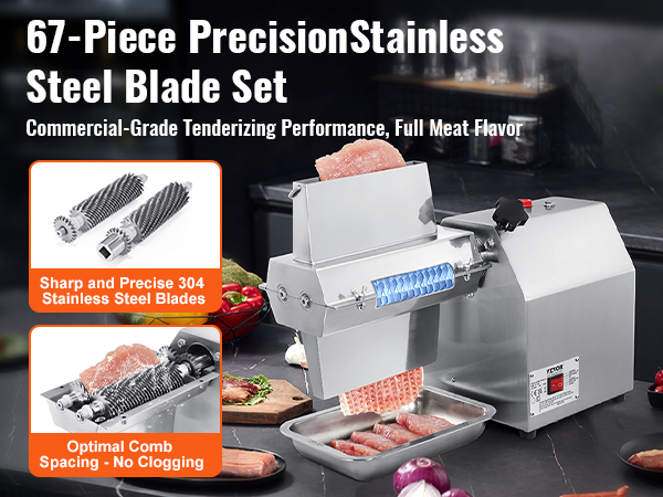 VEVOR meat tenderizer machine with 67-piece stainless steel blade set for commercial tenderizing.