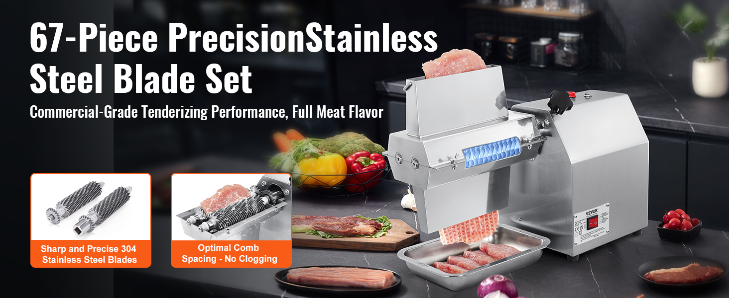 VEVOR meat tenderizer machine with 67-piece stainless steel blade set for commercial tenderizing.