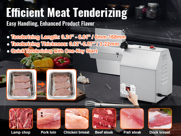 VEVOR meat tenderizer machine for pork, chicken, beef, fish, and duck with easy handling and one-key start.