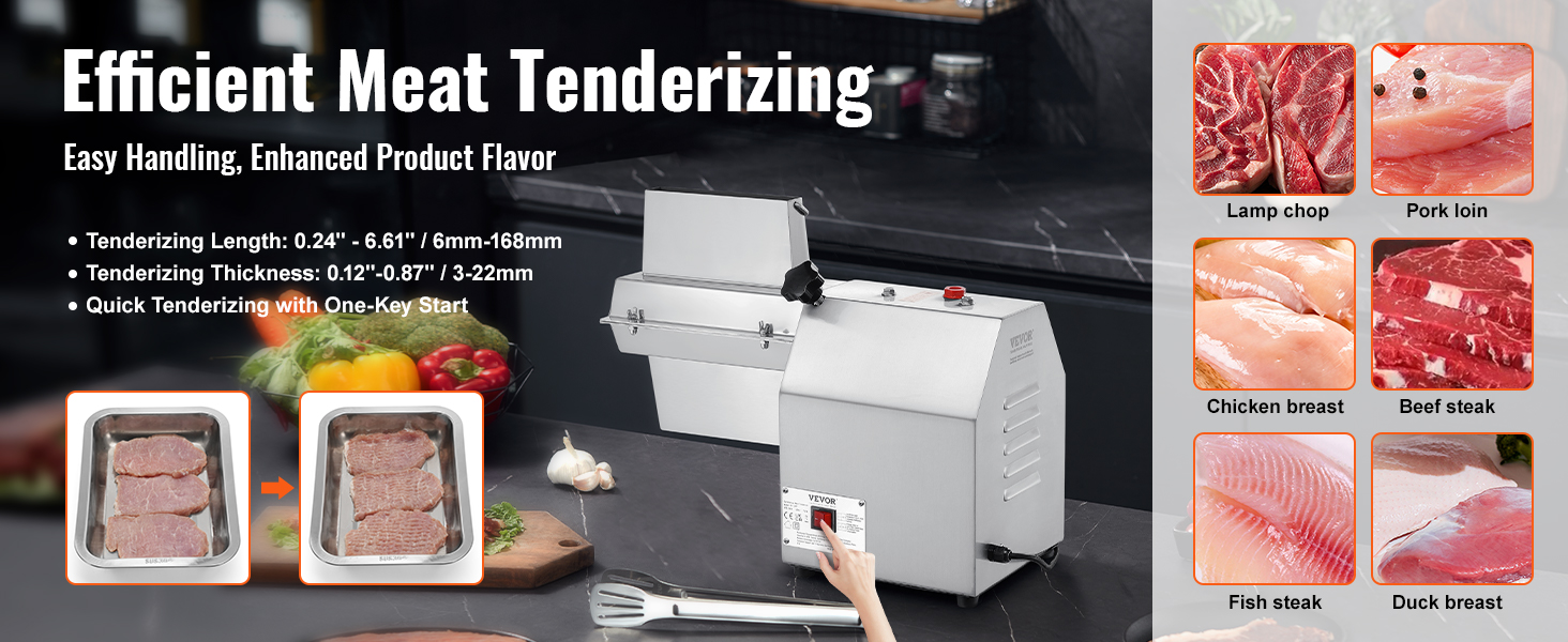 VEVOR meat tenderizer machine for pork, chicken, beef, fish, and duck with easy handling and one-key start.