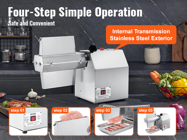 VEVOR meat tenderizer machine showcasing four-step operation with stainless steel exterior.