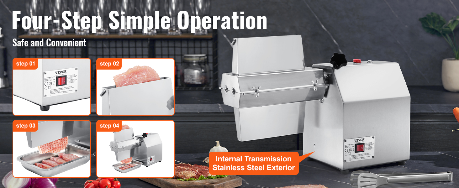 VEVOR meat tenderizer machine showcasing four-step operation with stainless steel exterior.