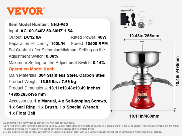 VEVOR milk cream separator nnj-f50 with 100l/h efficiency, 10500 rpm speed, and stainless steel build.