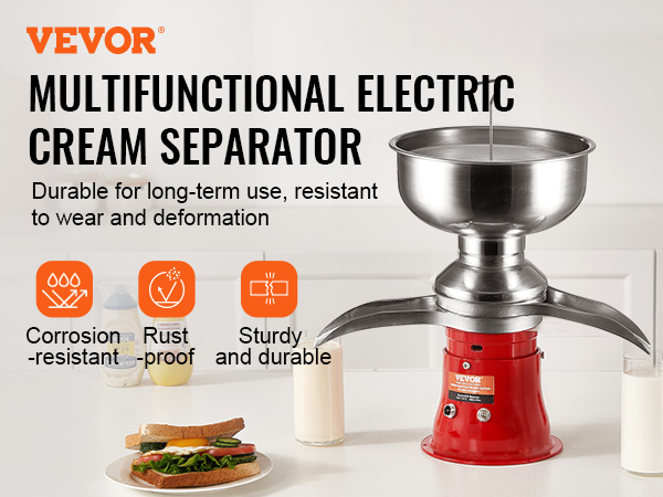 VEVOR milk cream separator in a modern kitchen setting with sandwiches, condiments, and a glass of milk.