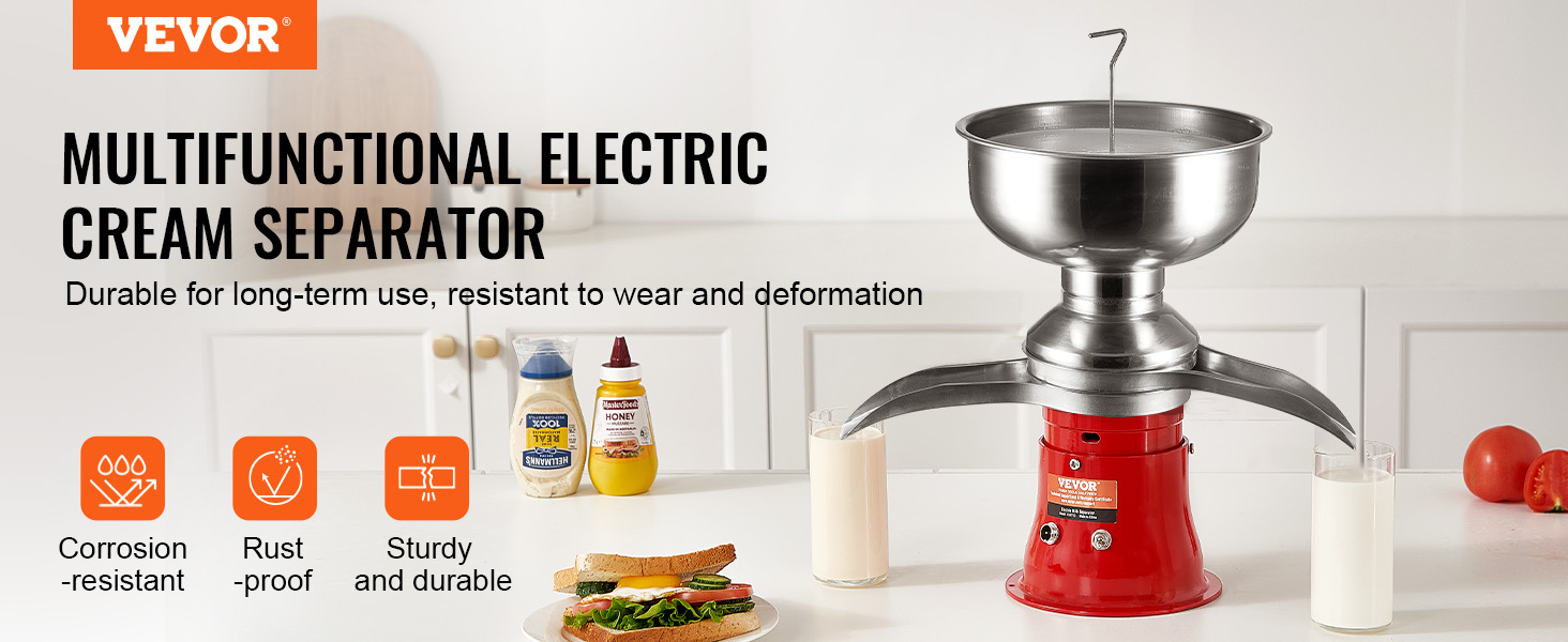 VEVOR milk cream separator in a modern kitchen setting with sandwiches, condiments, and a glass of milk.