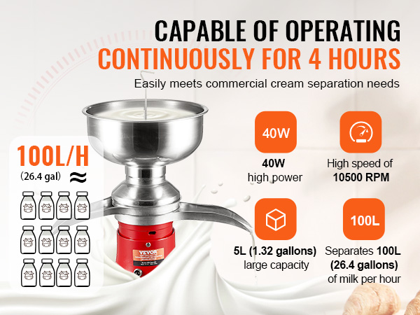 VEVOR milk cream separator, 40w power, 10500 rpm, 5l capacity, 100l (26.4 gal) per hour efficiency.