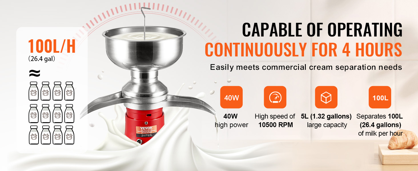 VEVOR milk cream separator, 40w power, 10500 rpm, 5l capacity, 100l (26.4 gal) per hour efficiency.