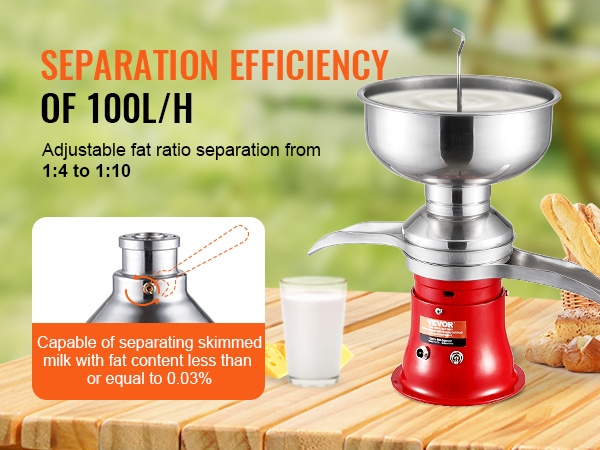 VEVOR milk cream separator with 100l/h efficiency, adjustable fat ratio, and skimmed milk separation.