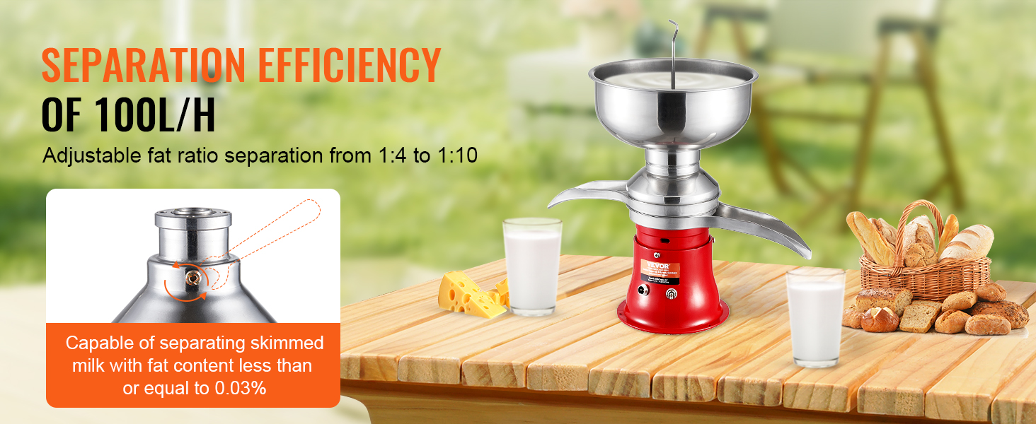 VEVOR milk cream separator with 100l/h efficiency, adjustable fat ratio, and skimmed milk separation.