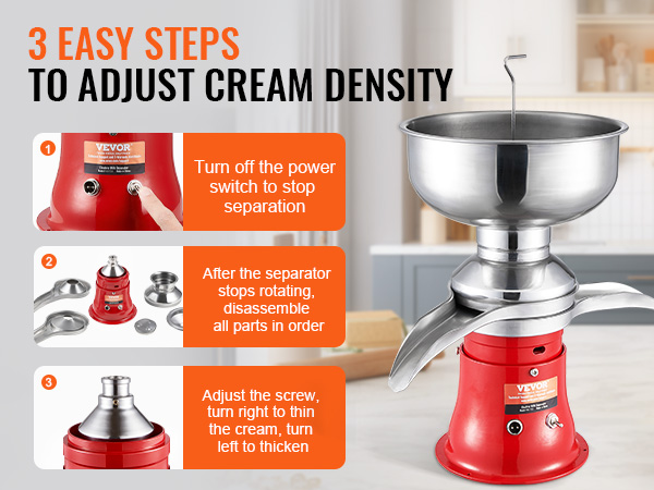 VEVOR milk cream separator on a kitchen counter with steps to adjust cream density.