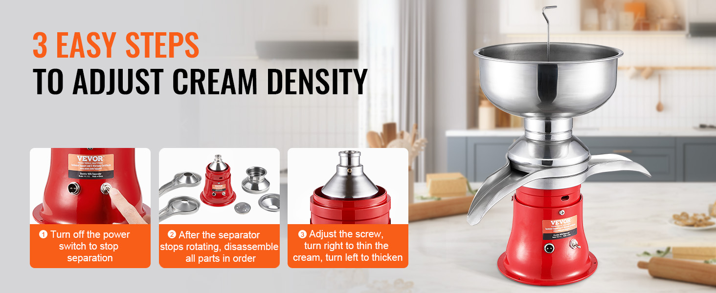 VEVOR milk cream separator on a kitchen counter with steps to adjust cream density.
