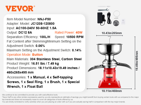 VEVOR milk cream separator nnj-f50, 40w, 10500 rpm, 304 stainless steel, 100l/h efficiency, 16.51 lbs.